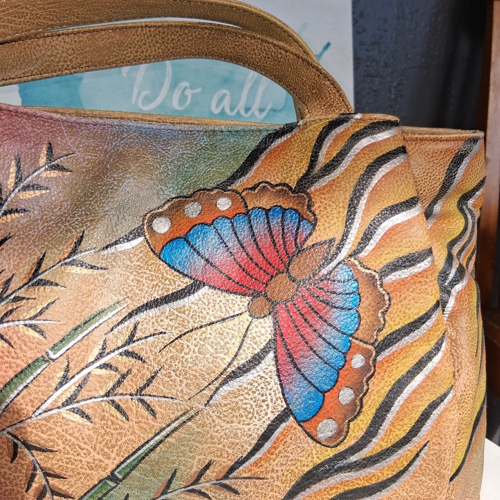 Hand-Painted Tan Butterfly Leather Bag Anna by Anushka EUC - Picture 2 of 16